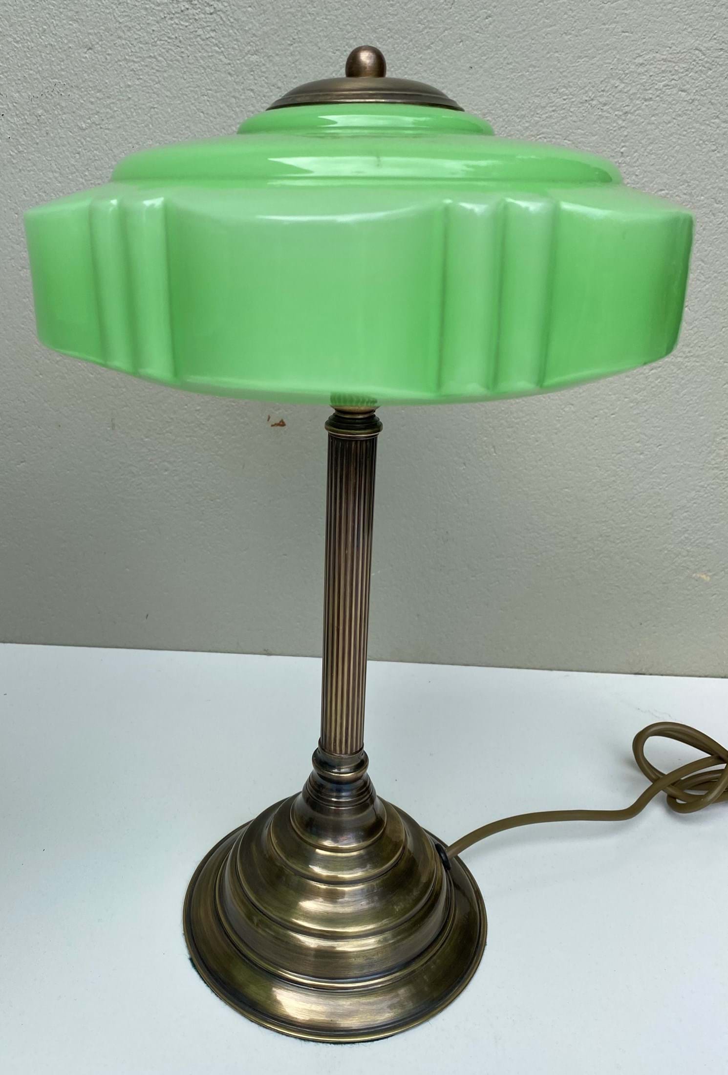 Tall Brass Lamp/Deco Green Shade Pair